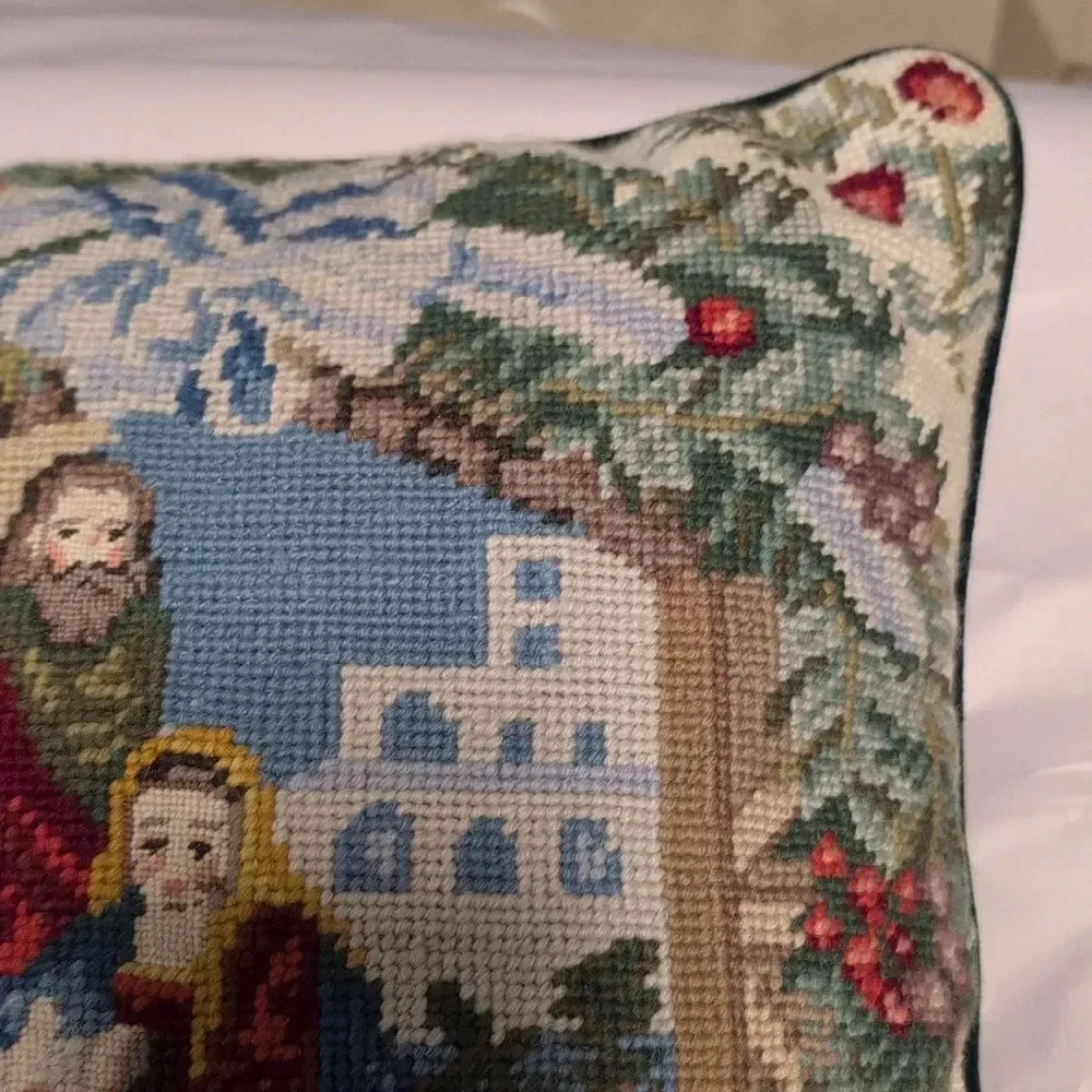 Holiday Nativity Scene Needlepoint Pillow Green Velvet Backing